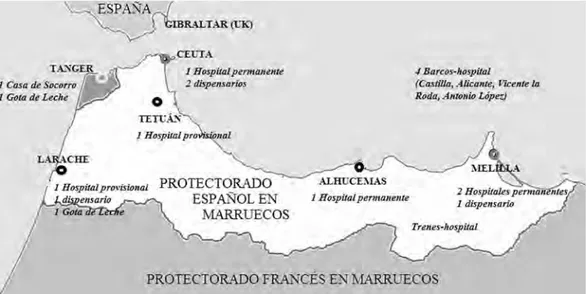 Figura 3: Mapa de los establecimientos de Cruz Roja española en Marruecos, Ceuta y Melilla en 1927 (elaboración  propia)