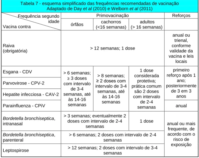 Tabela 7 - esquema simplificado das frequências recomendadas de vacinação       Adaptado de Day et al (2010) e Welborn et al (2011) 