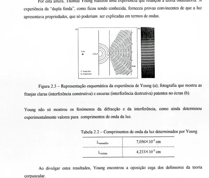 Figura 2.3 - Representação esquemática da experiência de Young (a); fotografia que mostra as  franjas claras (interferência construtiva) e escuras (interferência destrutiva) patentes no écran (b)