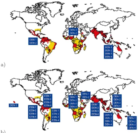 Figure 1.5: Global distribution of dengue virus serotypes. In a) 1970 and in b) 2010. Data source: World Health Organization (WHO) &amp; Centers for Disease Control and Prevention (CDC)