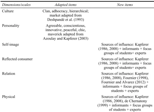 Table 2  Synthesis of the methodology used to find items for the scales 