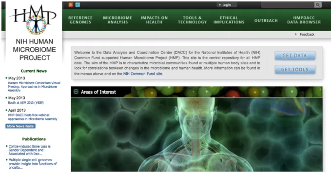 Figura  1.  Página  Web  inicial  do  Projeto  HMP  (Human  Microbiome  Project)  obtida  através  do  site  http://www.hmpdacc.org/