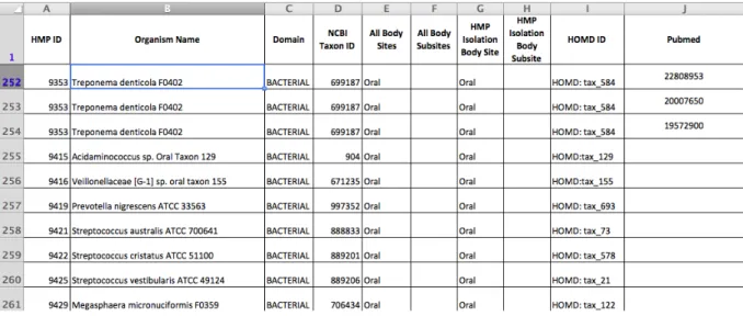Figura 5. Figura representativa da Tabela Base do Microsoft Excel ®  2010 com o nome das bactérias presentes  na  cavidade  oral  na  coluna  B  e  os  artigos  encontrados  através  da  pesquisa  presentes  na  coluna  J