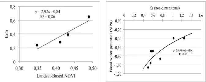 Figure 3. Scatter plot for (a) calculated basal crop coefficient K cb  and the corresponding Landsat-based  NDVI values, and for (b) calculated stress coefficient K s  and the corresponding basal leaf water potential 