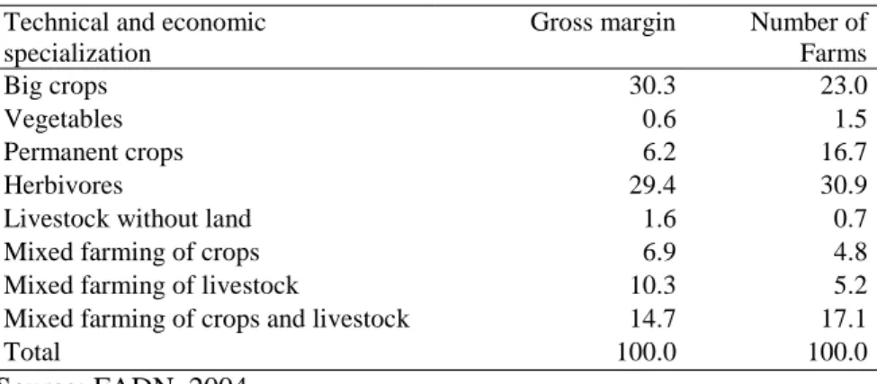 Table  1  presents  the  distribution  of  gross  margin  and  number  of  farms  by  technical and economic specialization branch in the Alentejo region according to 2004  FADN database