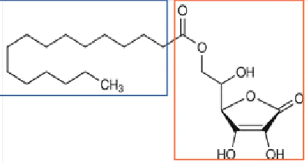 Figura 5: Estrutura química do palmitato de ascorbilo  Caixa azul: parte lipofílica da molécula 