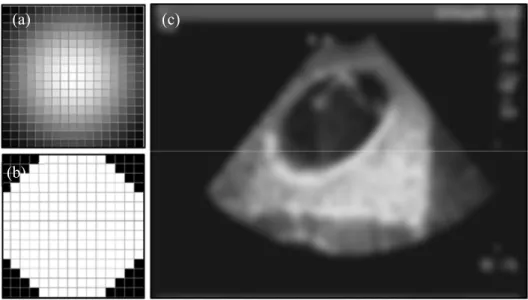 Figure 3-2: Image processing kernels: Gaussian kernel (a) and Circular kernel (b), along with their result on a sample  image (c)