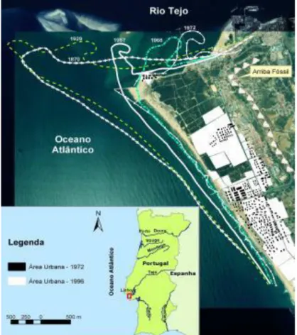Figura 21: Evolução da linha de costa e área urbana. Fonte: Veloso-Gomes et al. (2006) 