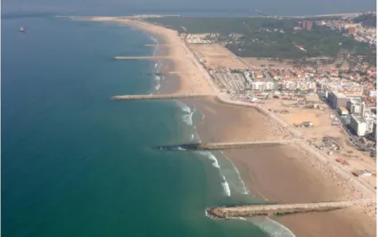 Figura 35: Frente urbana da Costa da Caparica e praia de S. João (em último plano) após a alimentação  artificial