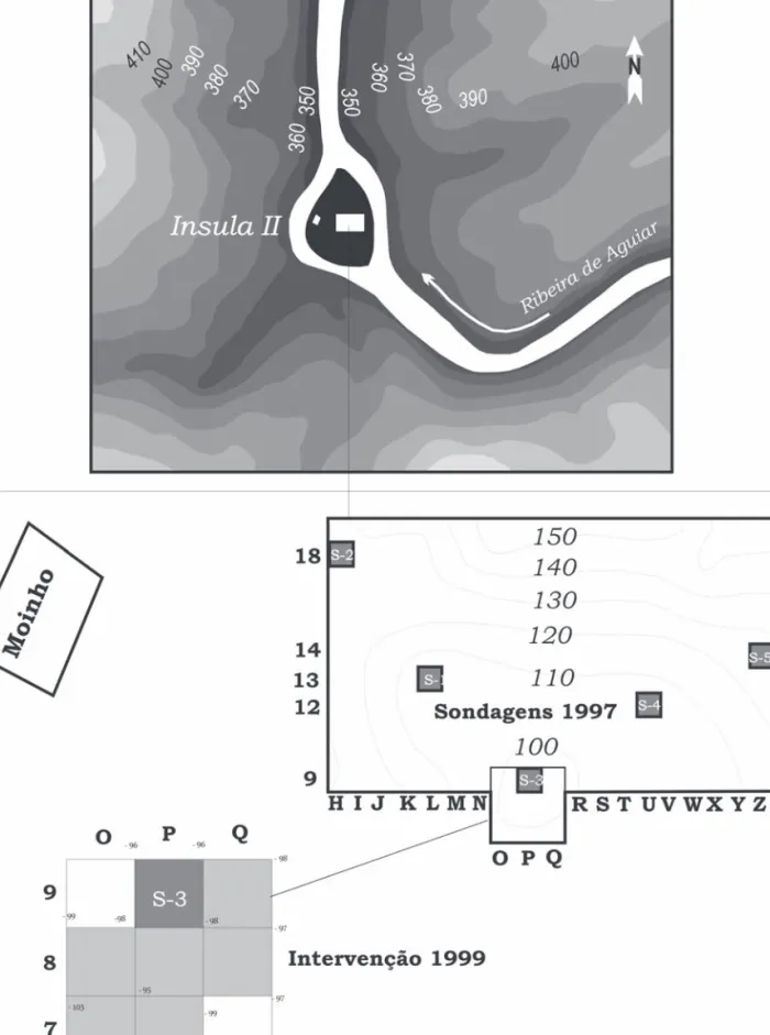 FIG. 3-3 –  Áreas intervencionadas e topografia do sítio de Ínsula I.