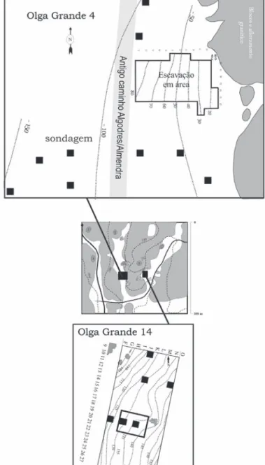 FIG. 3-10 –  Localização dos loci 4 e 14 da Olga Grande relativamente ao afloramento granítico de Pedras Altas