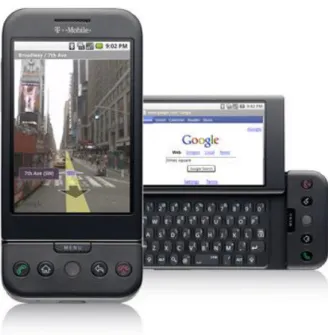 Figura 1 - T-Mobile G1, o primeiro aparelho equipado com Android (Fonte: TANJI, 2014)  Fonte: fabricante 