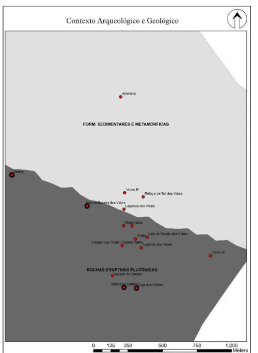 Figura 1 – Localização dos sítios arqueológicos associados ao Complexo dos  Vidais, sobre geologia 