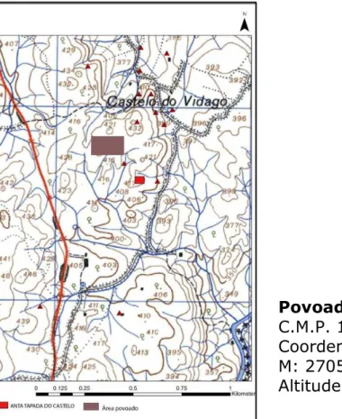 Figura 2. Localização do povoado (retângulo castanho) e anta da Tapada do Castelo  (retângulo vermelho) 