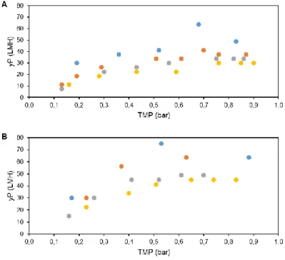 Figure  3.3  –  Determination  of  optimal  TMP  for  concentration  studies  with  HFs,  at  different  flow  rates,  determining the yP