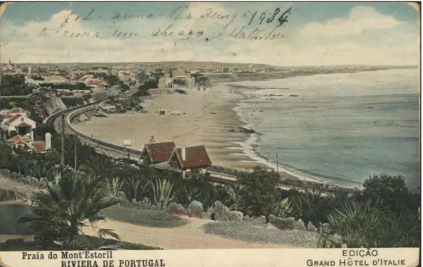 Figura 2 – Postal comemorativo do Grande Hotel Itália, com a ilustração da Praia  do Monte Estoril (1932)