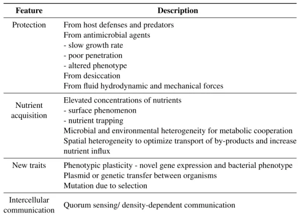 Table 2.2: General features and advantages of microbial growth as a biofilm. Adapted from: [12]
