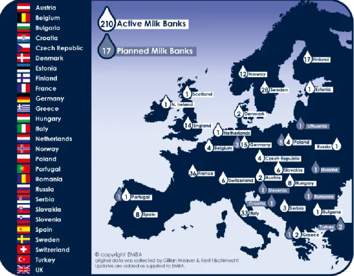Figura 2.4 – Número de Bancos de Leite Humano ativos e planeados na Europa (associados na EMBA)