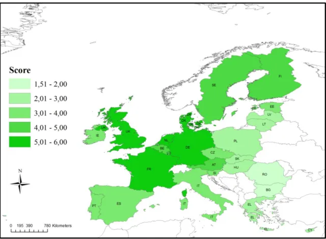 Figure 4 depicts the geographical distribution of creativity in Europe. It makes clear the  heterogeneity  of  the  CSI  results  and  the  concentration  of  higher  scores  in  Central  Europe, which decrease as we move to the peripheral countries