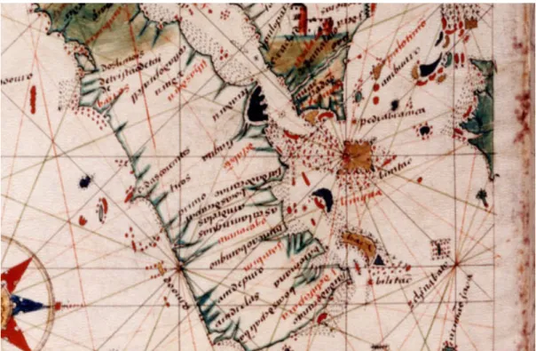 Fig. 5:  Pormenor de um dos mapas do Livro de Marinharia de João de Lisboa. Nele é possível ver as ilhas de  Linga, com um formado bastante diferente da realidade, e sem nenhuma indicação concreta que corresponda às  preocupações expressas nos roteiros