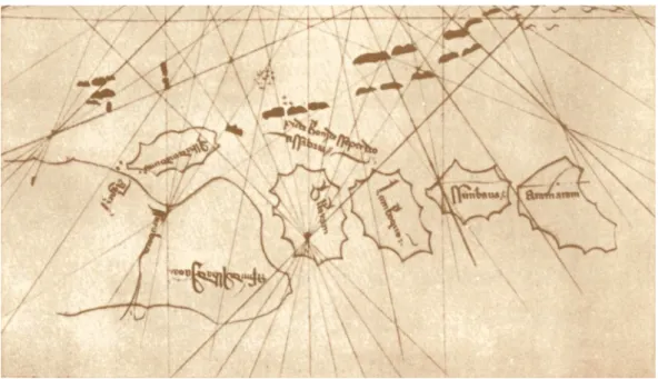 Fig. 9:  Parte oriental da ilha de Java, com o estreito de Madura, com os portos de Gresil e Surabaya, e o local  onde se perdeu a nau Sabaia, perto da ilha de Sapudi