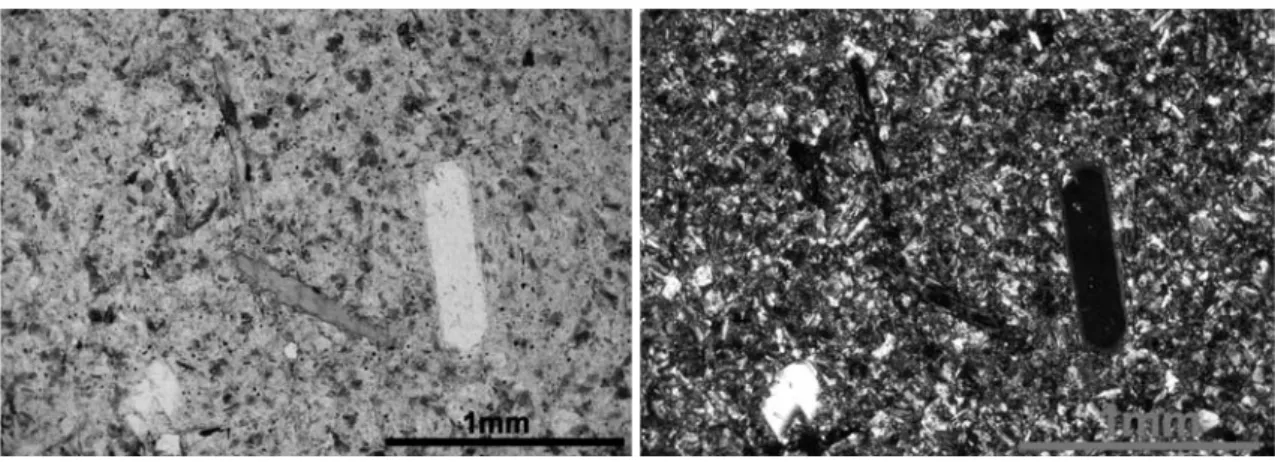 Fig. 10  Fotografias ao microscópio petrográfico em nicóis paralelos (esquerda) e nicóis cruzados (direita) da amostra LJ8.05  (riolito filoniano).