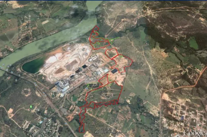 Figura  ‎ 3.1: Delimitação das áreas contaminadas (a verde) e degradadas (a vermelho) na área industrial da Votorantim Metais