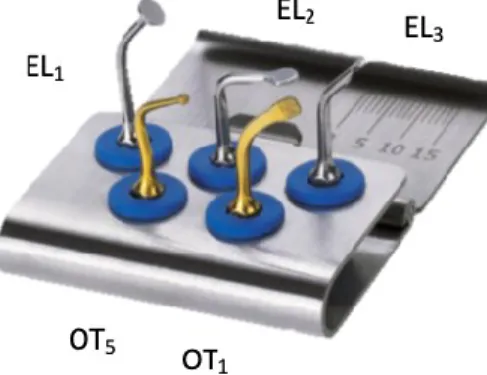 Figura 15 - Kit de pontas de piezocirurgia para o Sinus Lift: as pontas douradas são usadas para fazer o  acesso ósseo (OT 1,  OT 5 ) e as pontas acizentadas são usadas para elevar a membrana do seio maxilar 