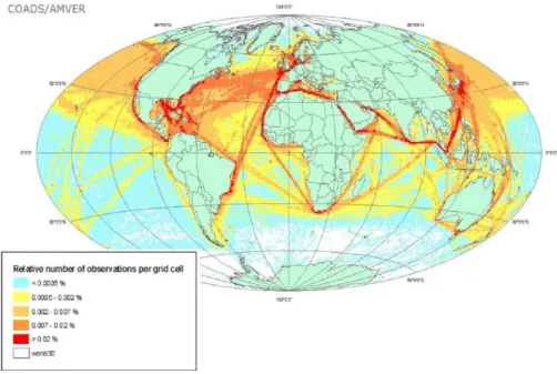 Figura 2-Distribuição geográfica das emissões marítimas, com base na combinação de dados AMVER 2  e  COADS 3 (Dalsøren et al., 2009)