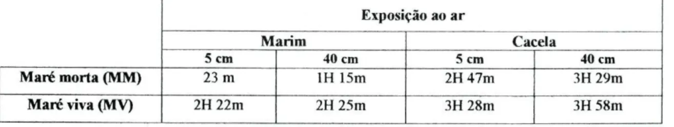 Tabela VI. Resumo do tempo de emersão máximo das ostras nos viveiros ao nível dos  sacos acima do sedimento e sobreelevado obtido a partir de observação no local 