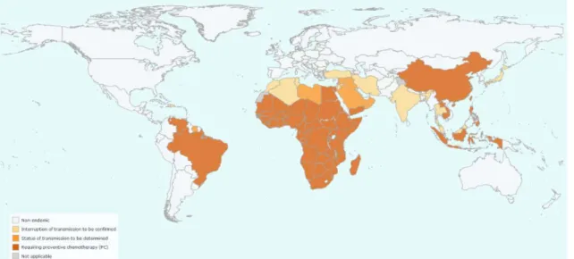 Figura 1 - Distribuição epidemiológica de Schistosoma a nível mundial em 2017. World Health Organization