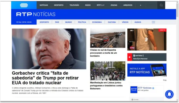 Figura 2. Página principal do portal RTP Notícias (outubro de 2018) 