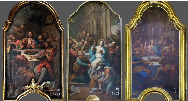 Fig. 2.3 – Pinturas com a representação do tema Última Ceia, pintadas por Pedro Alexandrino de Carvalho,  para: o altar da capela do Santíssimo sacramento da Capela da Bemposta (a); o altar principal da igreja do  Sacramento, em Lisboa (b); o altar secundá