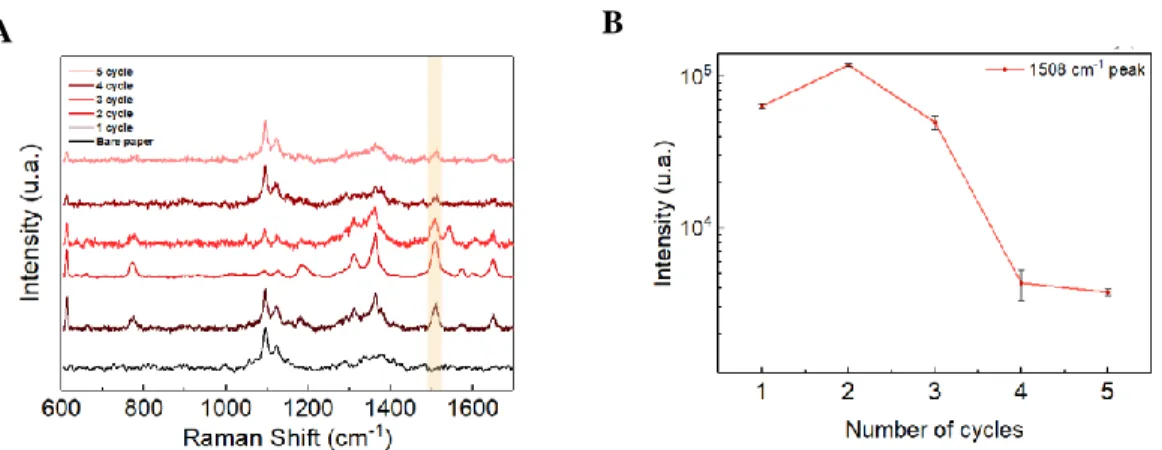 Figure  3.5  -  Raman  spectra  and  (B)  intensities  of  1  mM  R6G  characterized  peak  at  1508  cm –1   with  the  number of SILAR cycles for decorating the shell AuNPs on the core AgNPs
