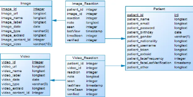 Figure 5: DB tables Image, Video, Image_Reaction, Video_Reaction and  Patient 