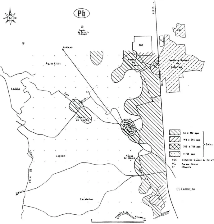 Fig. 38 - Carta de isolinhas de chumbo em amostras de solos, segundo  Barradas 1992 