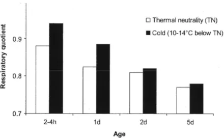 Figura 8 – Quociente respiratório do leitão recém-nascido relativamente à idade e temperatura ambiente (Herpin  et al., 2005)