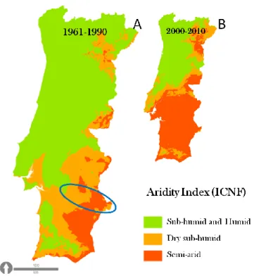 Figure  2:  Climate  classification  of  Portugal  based  on  the  Aridity  Index.  A:  current  official classification, using data from years 1961 to 1990; B: a provisional classification  using  data  from decade 2000  to 2010