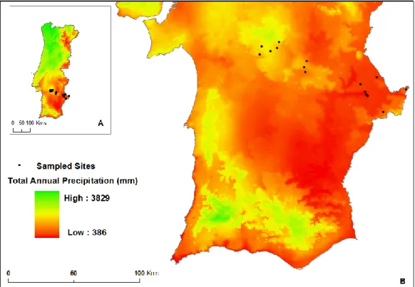Figure  3:  Maps  of  Portugal  showing  a  precipitation  gradient,  based  on  total  annual  precipitation  from  years  1950-2010