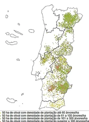 Figura 1 – Representação da densidade de olival em Portugal, em 2009. 