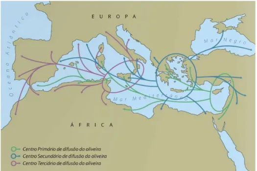 Figura 1 - Expansão da oliveira na bacia do Mar Mediterrânico (Fonte: Bohm, 2013). 
