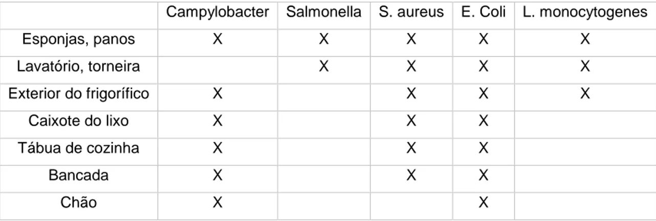 Tabela 1. Bactérias patogénicas encontradas em diferentes áreas de uma cozinha (29) 