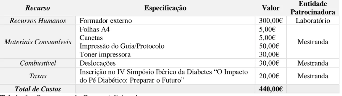 Tabela 6 – Orçamento de Custos Adicionais 