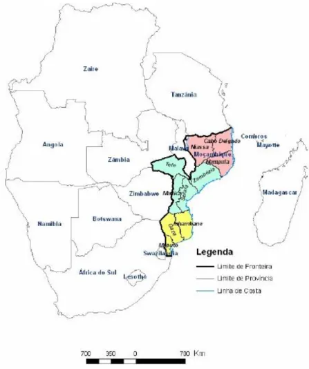 Figura 1.2 - Mapa a ilustrar a localização geográfica de Moçambique na região de África Austral