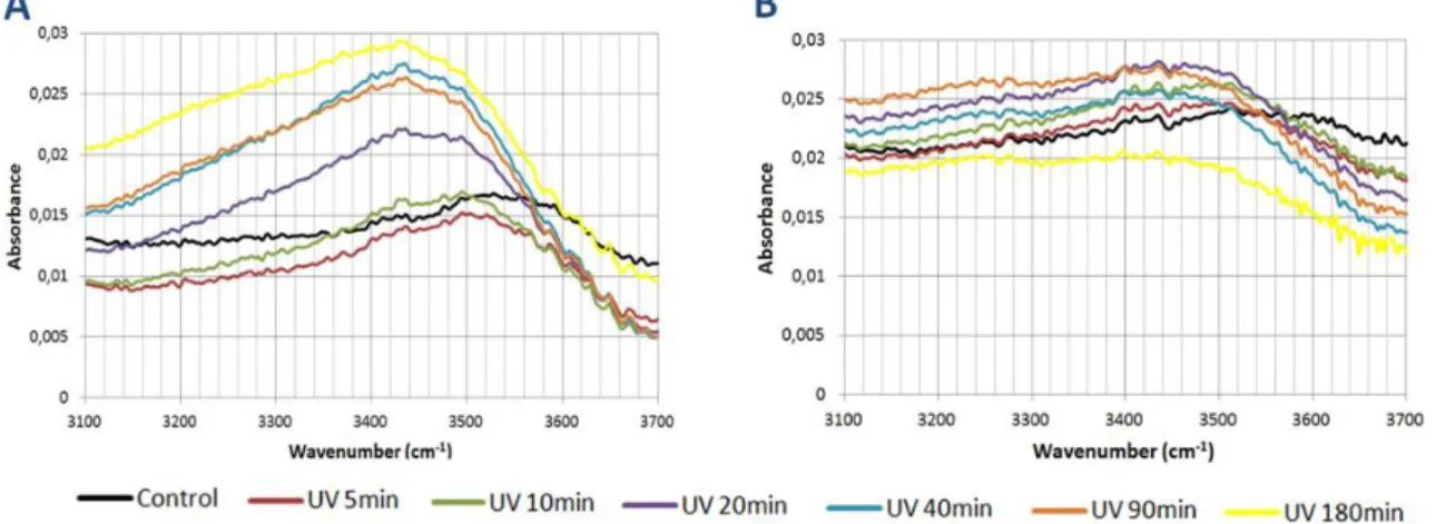 Figure 21. FTIR spectra of the O-H zone after various UV exposure times. A) PA 1000 ; B) PA 300.