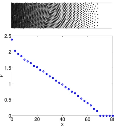 Figure 5.3: The top panel shows the equilibrium state of a channel simulation with V 0 = 5, α = 0.5 and F ext = −1