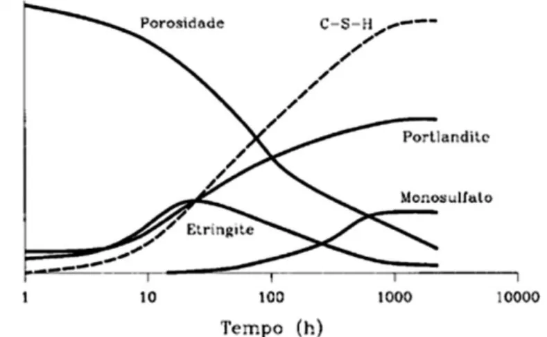 Figura 2 – Evolução dos produtos de reação durante a hidratação do cimento (Rendell et al., 2002)