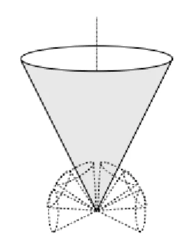 Figure 1.2.1: Light cone derived from the choice of a background metric η ab and (smaller) light cones resulting from the quantum perturbations added to said metric