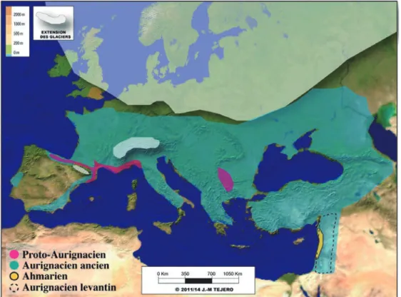 Fig. 11.  Mapa de distribución de las tradiciones tecno-tipológicas del Paleolítico superior inicial en Europa y el Próximo Oriente, con  evidencias de explotación de materias óseas (J.M