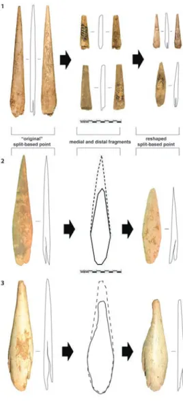Fig. 12.  Elementos de proyectil en materias óseas del  Paleolítico superior inicial (azagayas de base hendida)  (imagen: J.M